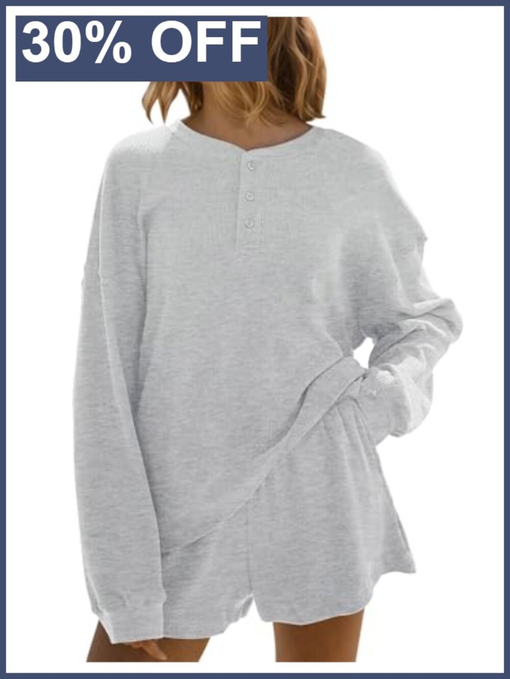 Waffle Knit Lounge Set Henley Sweatshirt & Shorts 2 Piece